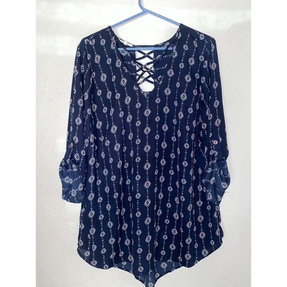 Maurices Navy Blue Lace-Up Printed Blouse